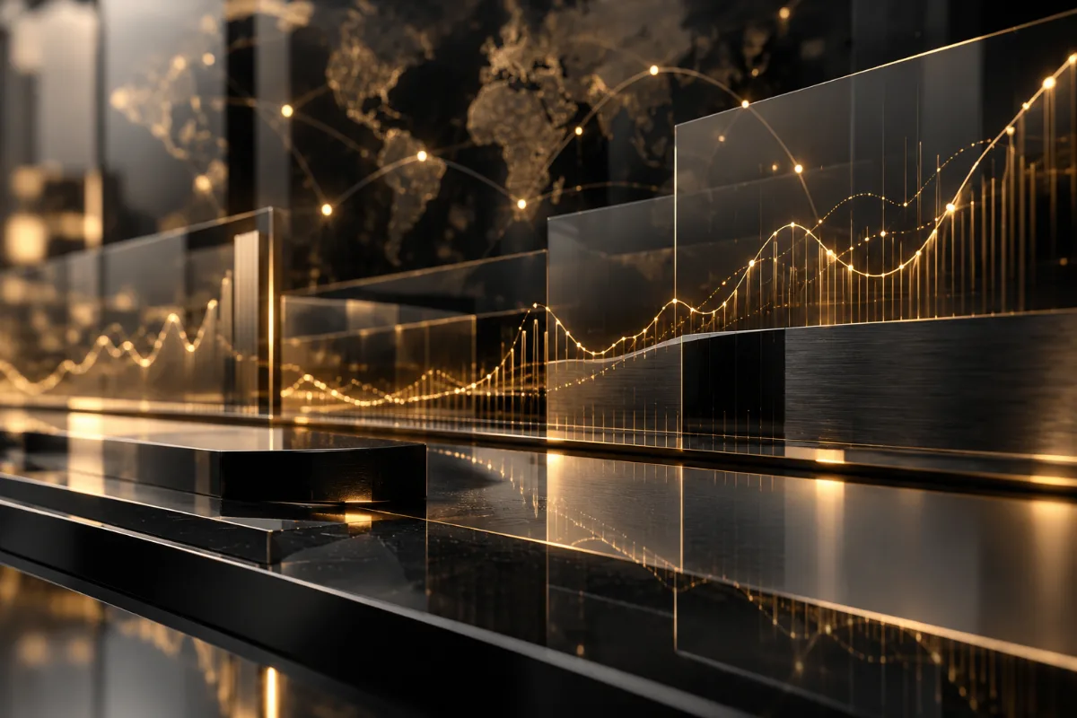 Finansal veri akışını temsil eden altın ışık çizgileri ve modern teknoloji yüzeyleri